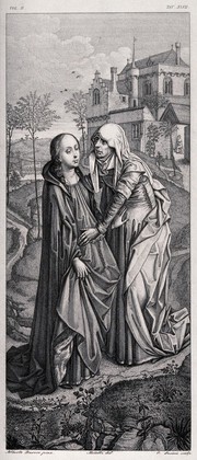 The Virgin Mary and Elizabeth palpate each other's pregnant bellies on a hill. Engraving by C. Lasinio after Metalli after A. Dürer.