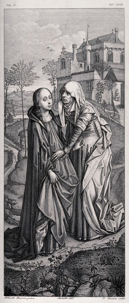 The Virgin Mary and Elizabeth palpate each other's pregnant bellies on a hill. Engraving by C. Lasinio after Metalli after A. Dürer.