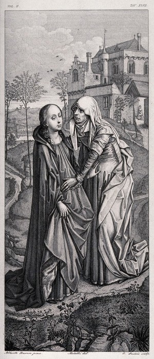 view The Virgin Mary and Elizabeth palpate each other's pregnant bellies on a hill. Engraving by C. Lasinio after Metalli after A. Dürer.