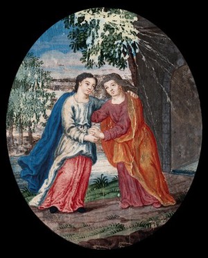 view The Visitation of Mary to Elizabeth. Watercolour painting.