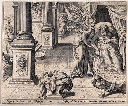 The three kings are ordered in a dream not to return to the land of Herod. Engraving by Jan Sadeler I, 15--, after G. van Groeningen.