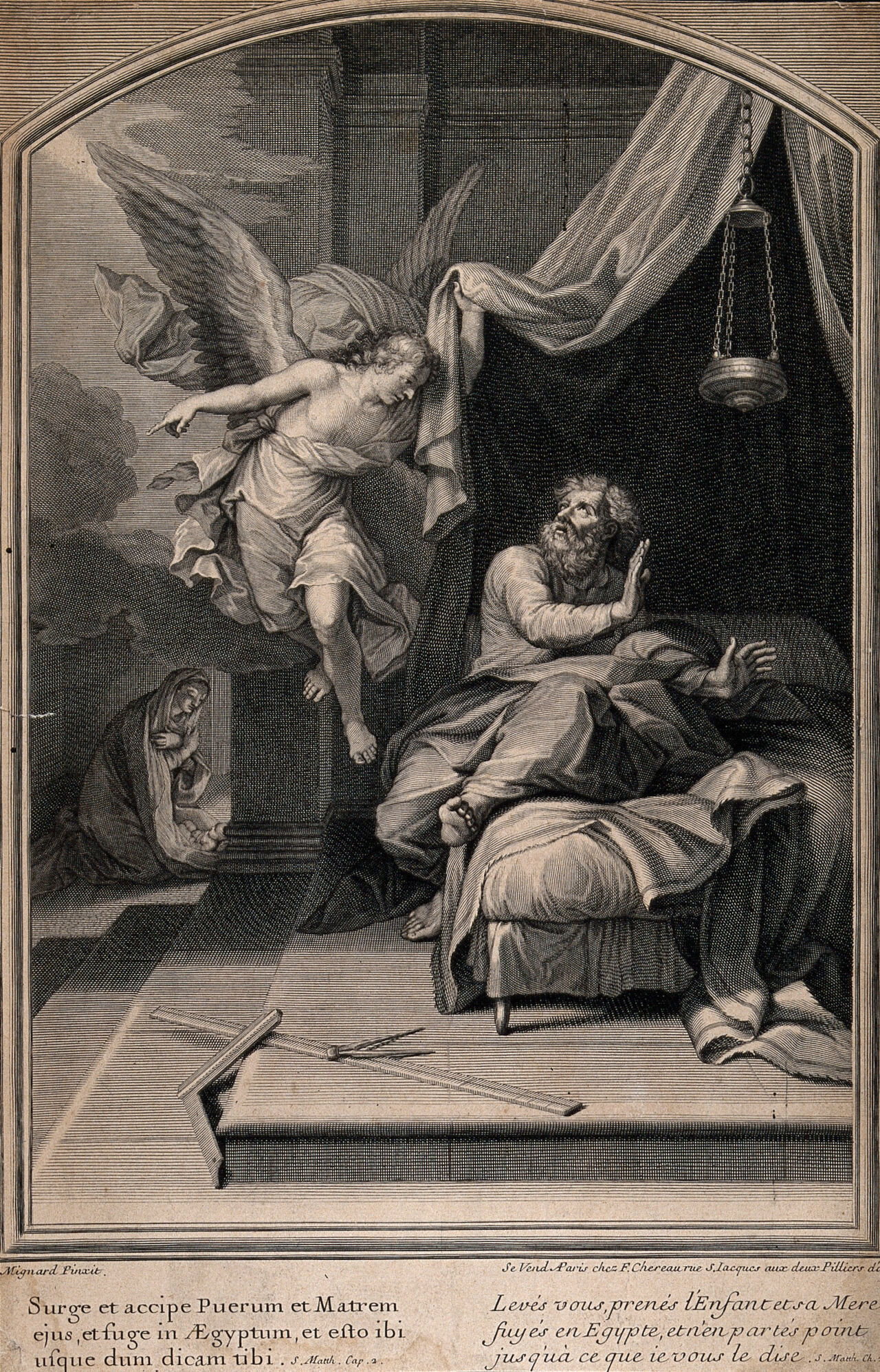 The angel tells Joseph to awaken and take Jesus and Mary to Egypt., by François Chéreau