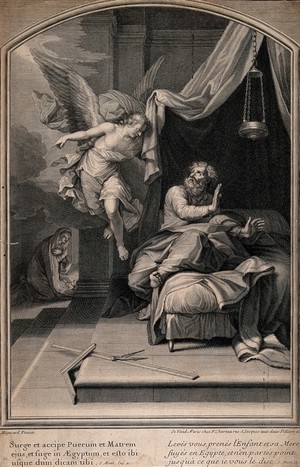 view The angel tells Joseph to awaken and take Jesus and Mary to Egypt. Engraving after P. Mignard.