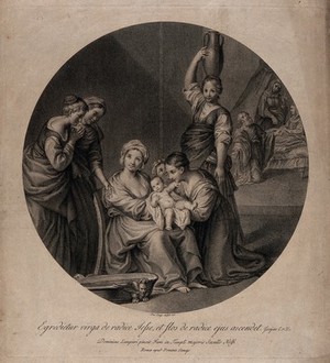 view The birth of the Virgin Mary, a 'virga' (shoot) from the genealogical tree of Jesse. Engraving by D. Cunego, 1778, after D. Zampieri, il Domenichino.