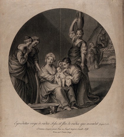 The birth of the Virgin Mary, a 'virga' (shoot) from the genealogical tree of Jesse. Engraving by D. Cunego, 1778, after D. Zampieri, il Domenichino.