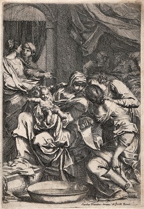 The birth of John the Baptist. Etching by C. Maratta after himself.