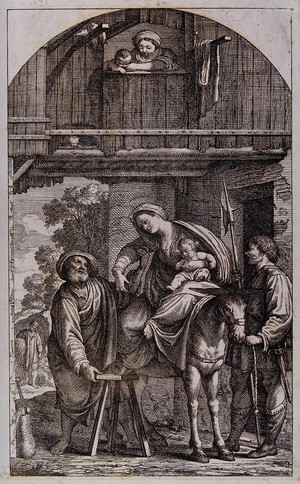 view Joseph and Mary arrive in Egypt, fatigued. Etching by F. Zuccarelli, 1730, after G. Manozzi (Giovanni da San Giovanni).