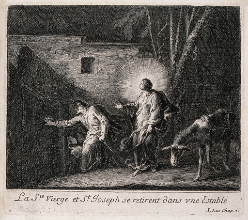 Joseph and Mary search for a place to stay in the gloom of nocturnal Bethlehem. Etching by J. Parrocel after himself.