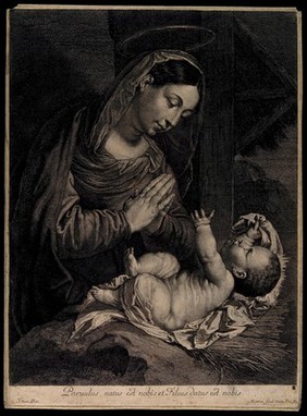 The Virgin prays to the Christ child. Engraving by J. Morin, c. 1640, after Titian.