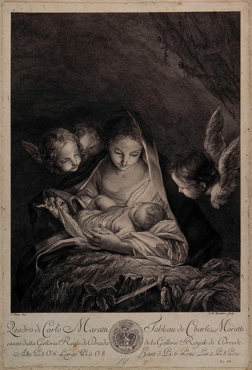 The Virgin Mary with the Christ child, surrounded by angel's heads. Engraving by C.D. Jardinier after C. Hutin after C. Maratta.