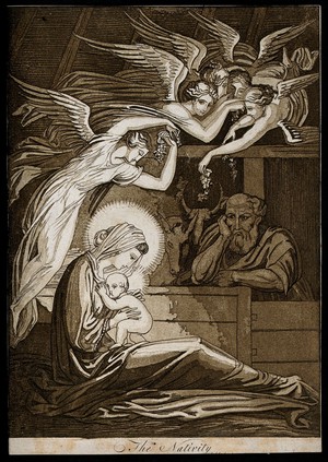 view The birth of Christ; female angels swoon through the air; Joseph looks on. Aquatint by T. Piroli, 1796, after W. Y. Ottley.