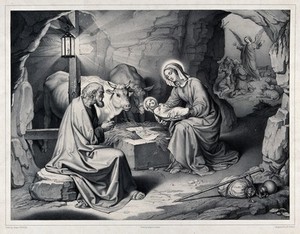 view The birth of Christ; outside the crumbling cave, an angel announces the event to three shepherds. Lithograph by M. Fanoli after J. Führich.