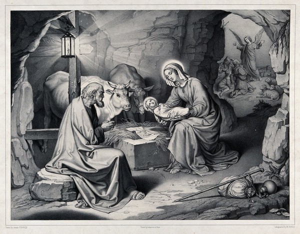 The birth of Christ; outside the crumbling cave, an angel announces the event to three shepherds. Lithograph by M. Fanoli after J. Führich.
