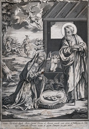 view The birth of Christ; in the background, shepherds are hailed by an angel. Engraving.