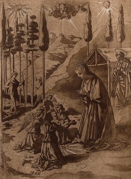 The Virgin Mary prays to the infant Jesus, who is being carried by four kneeling angels; they all stand in a circle around the sun drawn on the ground. Aquatint with etching by C.M. Metz after D. Ghirlandaio.