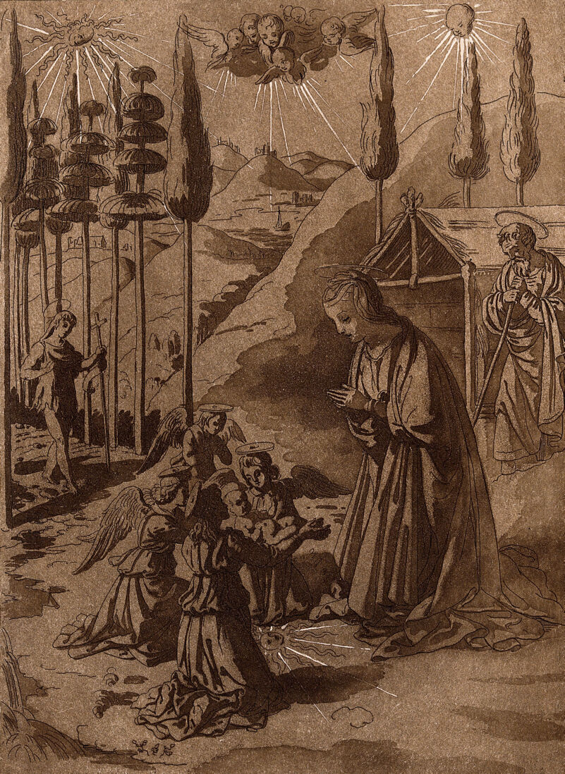 The Virgin Mary prays to the infant Jesus, who is being carried by four kneeling angels; they all stand in a circle around the sun drawn on the ground. Aquatint with etching by C.M. Metz after D. Ghirlandaio., [1798?], by Domenico Ghirlandaio