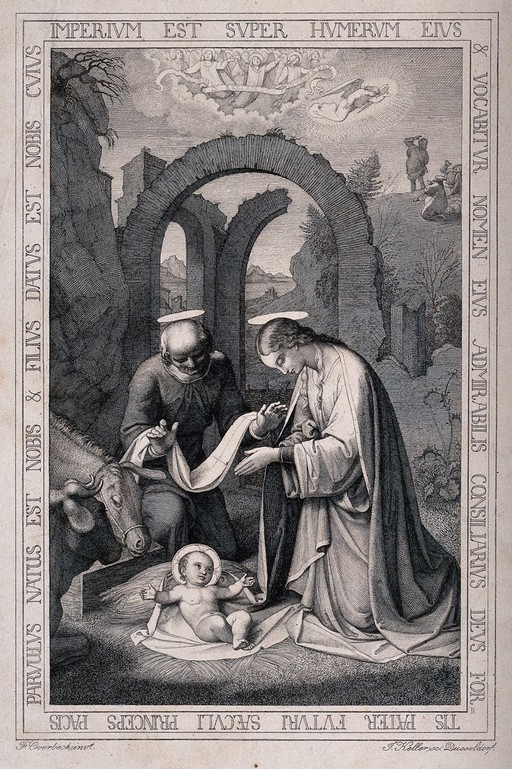 The birth of Christ amongst ruins. Engraving by J. Keller after F. Overbeck.