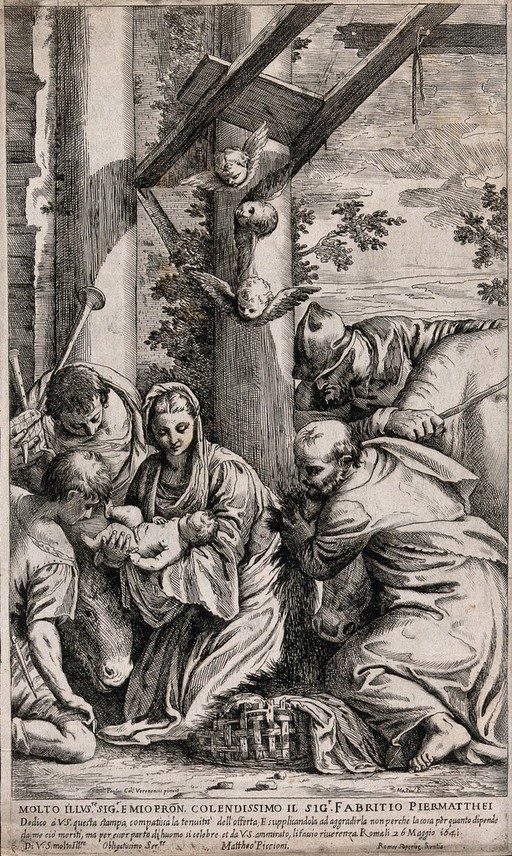 The shepherds adore the newly-born Christ. Etching by M. Piccioni, 1641, after P. Veronese.