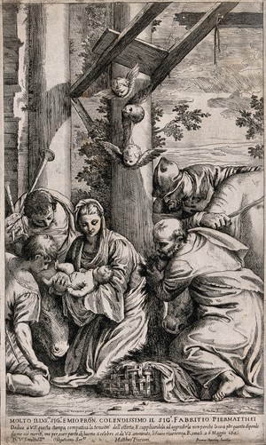 view The shepherds adore the newly-born Christ. Etching by M. Piccioni, 1641, after P. Caliari, il Veronese.