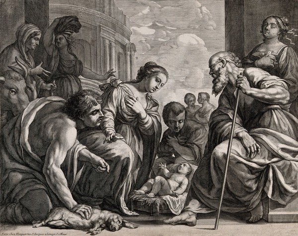 The adoration of Christ, surrounded by maids, in a city. Engraving.