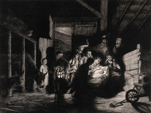 view The adoration of the shepherds in a darkened barn. Aquatint with etching by V. Vivant-Denon after N. Maes.