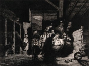 view The adoration of the shepherds in a darkened barn. Aquatint with etching by D. Vivant-Denon after N. Maes.