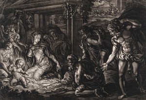 view The nocturnal adoration of the shepherds. Mezzotint by E. Kirkall, 1724, after P. Buonaccorsi.