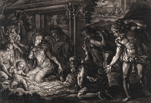 The nocturnal adoration of the shepherds. Mezzotint by E. Kirkall, 1724, after P. Buonaccorsi.