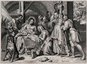 view The adoration of the shepherds. Engraving by C.J. Visscher after P.P. Rubens.