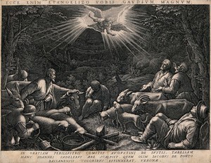 view An angel appears to some shepherds in the night. Engraving by J. Sadeler after J. Bassano.