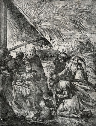 The adoration of the shepherds. Etching by D. Piola the elder.