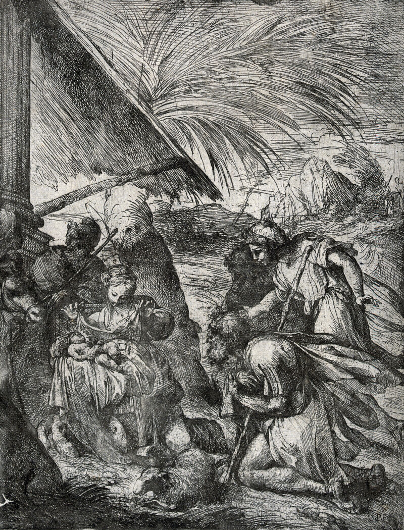 The adoration of the shepherds. Etching by D. Piola the elder., by Domenico Piola