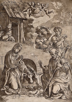 view Mary, Joseph, the ass and the ox genuflect before the infant Jesus; shepherds arrive behind. Aquatint with etching by C.M. Metz after Titian.