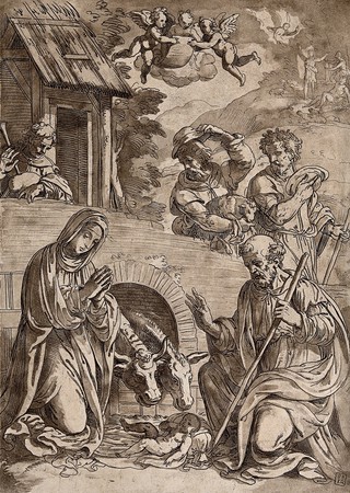 Mary, Joseph, the ass and the ox genuflect before the infant Jesus; shepherds arrive behind. Aquatint with etching by C.M. Metz after Titian.