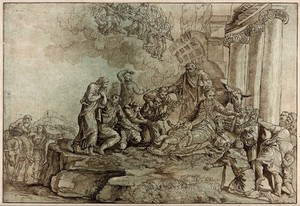 view The adoration of the shepherds at the birth of Christ. Coloured aquatint with etching by J.G. Prestel after G.F.M. Mazzola, il Parmigianino.