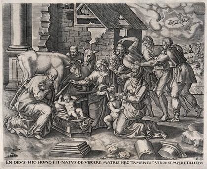 The adoration of the shepherds at the birth of Christ in the presence of John the Baptist and Saint Elizabeth. Engraving after L. Lombard (?).