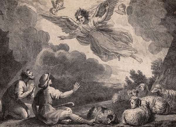 An angel announces the birth of Christ to two shepherds. Etching.