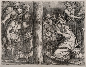 view The shepherds observe the newly-born Jesus Christ. Etching by Annibale Carracci, ca. 1606.