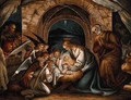 view Angels pray at the birth of Christ. Chromolithograph.