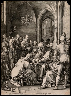 view Christ is circumcised in a crowded church. Engraving by H. Goltzius, 1594.