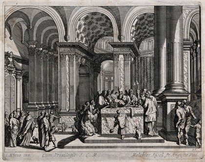 The high priest of the Temple inspects the circumcised Christ child, whose head is glowing. Etching by M. Küssell after J.W. Baur.