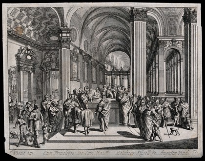 The high priest of the Temple inspects the circumcised Christ child, whose head is glowing. Etching by M. Küssell after J.W. Baur.