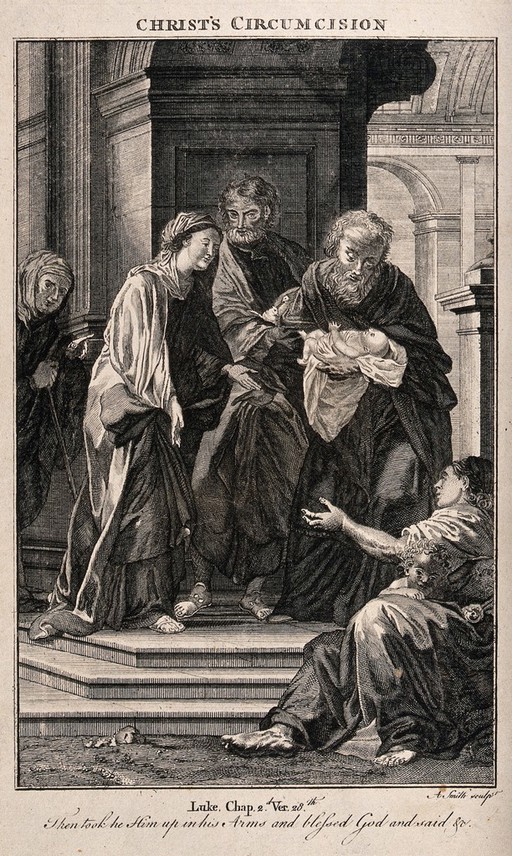 Simeon takes the infant Christ in his arms. Etching by A. Smith.