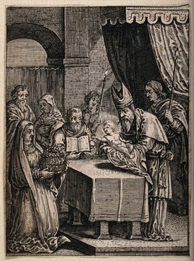 The high priest of the Temple, holds the circumcised Christ in his arms; Mary brings a sacrifice after her purification. Etching.