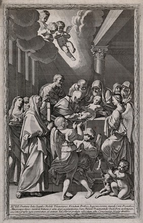 The circumcision of Christ. Etching by J.M. Giovannini after G. Reni.