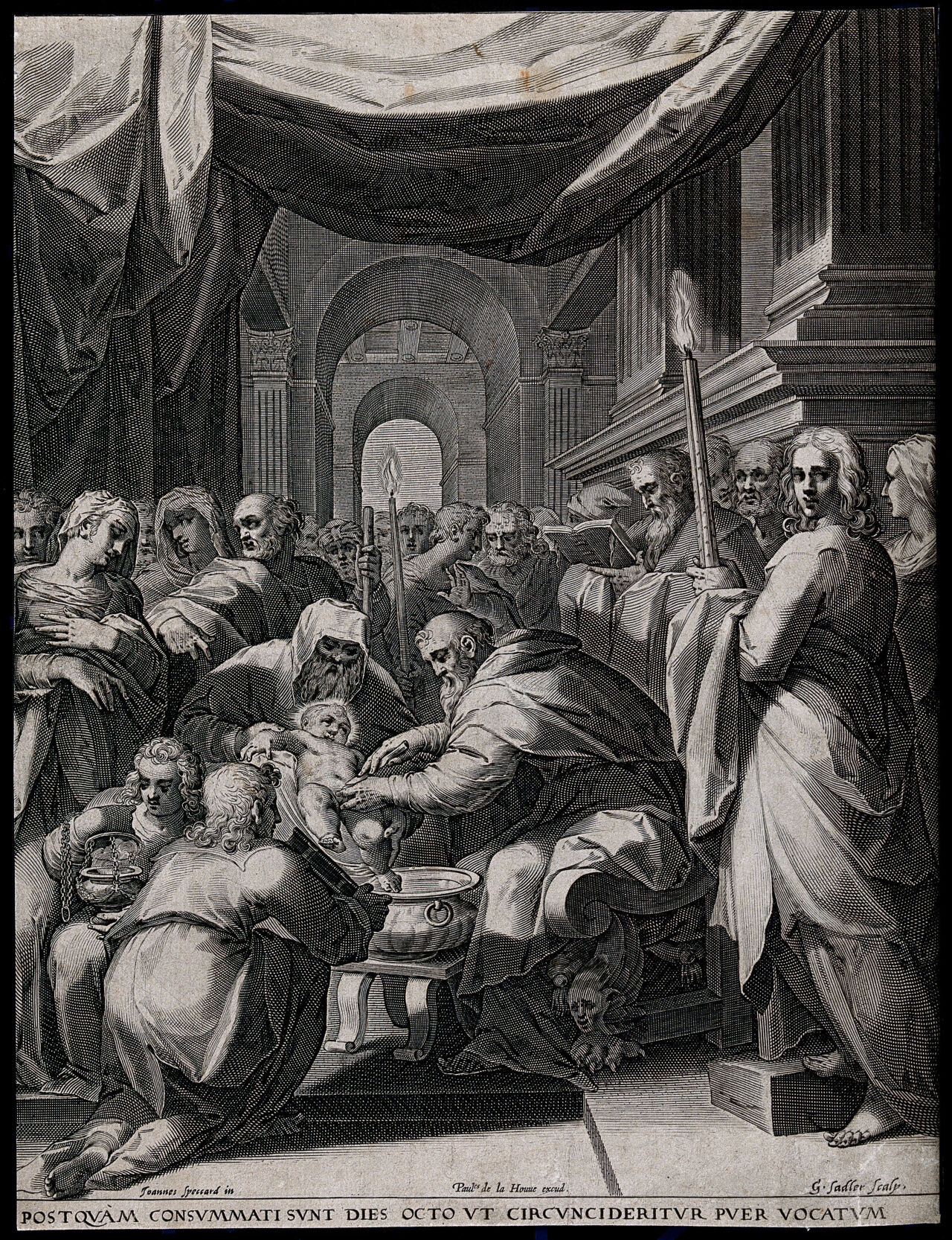 Christ is circumcised in a crowded church. Engraving by A. Sadeler after J. Speeckaert., 1594, by Hans Speckaert