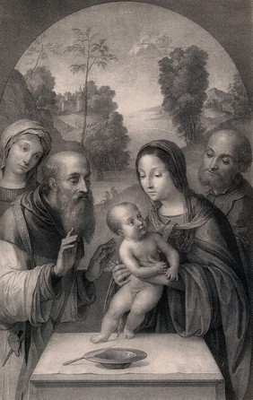 Joseph and Mary hold the Christ child before his circumcision. Lithograph by Pablo Guglielmi after L. Costa.