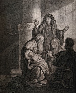 view Simeon recognises the infant Jesus as saviour. Etching by C.W. Weisbrod after Rembrandt, 1627-8.