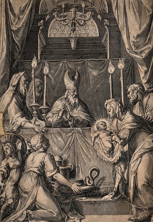 view The presentation of Jesus to the high priest at the Temple. Engraving by C. Cort, 1568, after F. Zuccaro.