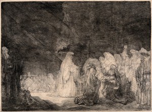 view Simeon holds the infant Jesus in his arms. Etching by Rembrandt, ca. 1639.